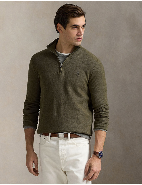 Mesh-gebreide katoenen quarter-zip trui