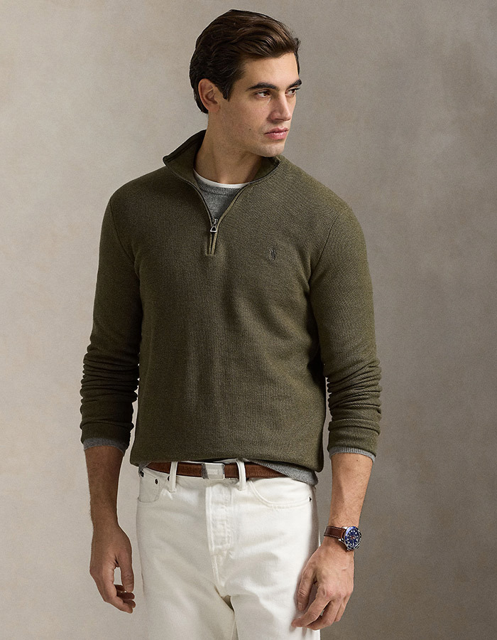 Mesh-gebreide katoenen quarter-zip trui