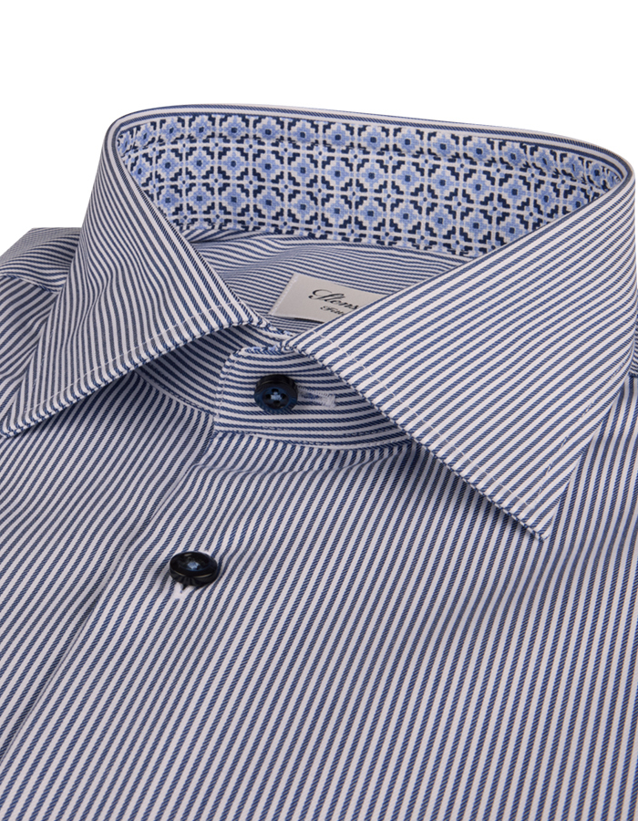 Fitted Body Blauw gestreept twill hemd met contrastdetails
