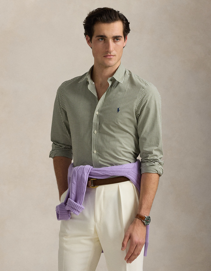 Slim fit gingham stretch poplin overhemd  