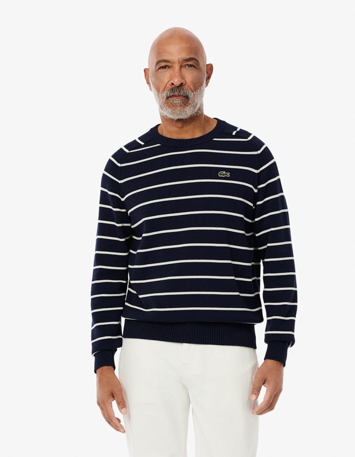 Gestreepte 3D Gebreide Katoenen Crewneck Sweater  