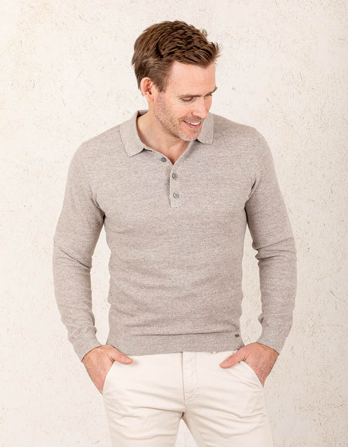 Slim fit gebreide katoenen polo met lange mouwen  