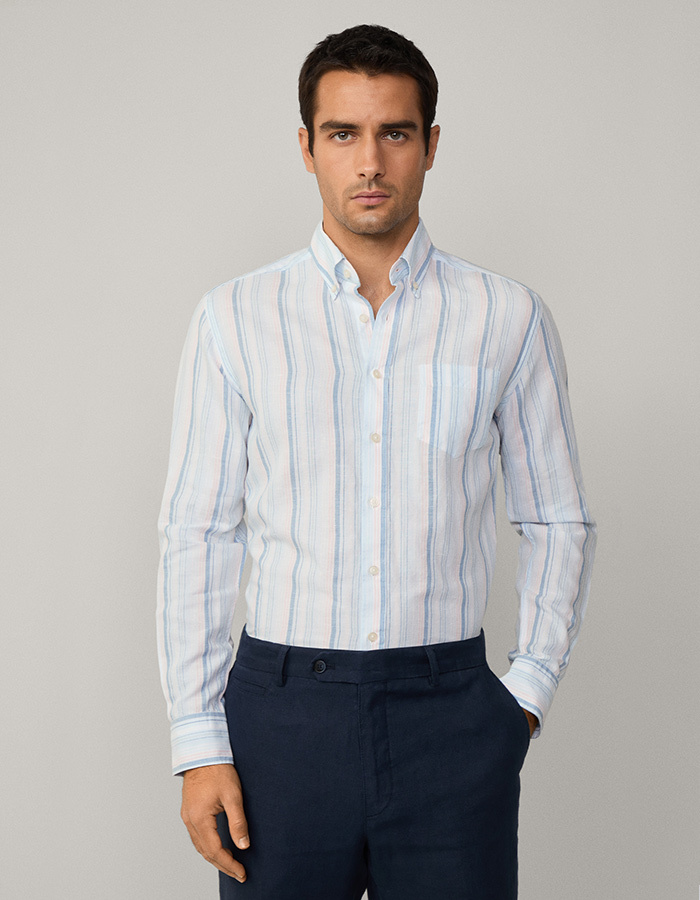 Tailored fit linnen overhemd met multi-strepen – sky blue  