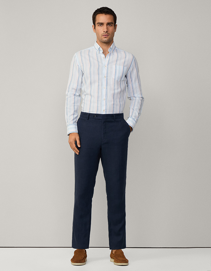 Tailored fit linnen overhemd met multi-strepen – sky blue  