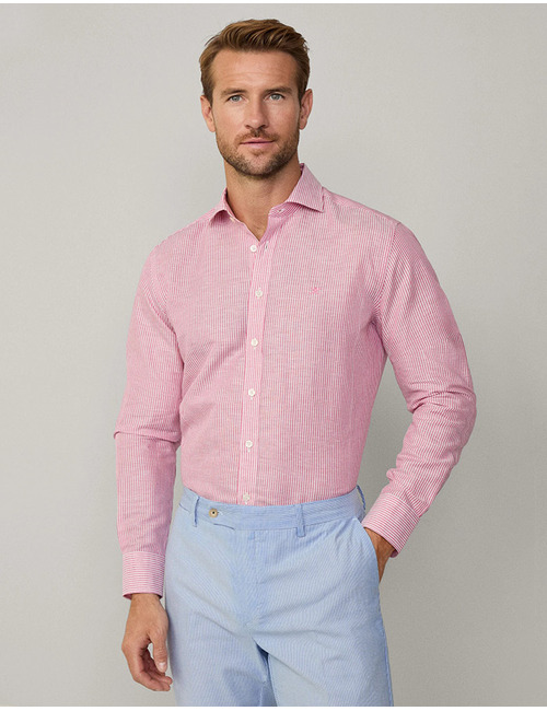 Tailored fit linnen Bengal-streep overhemd – hibiscus pink