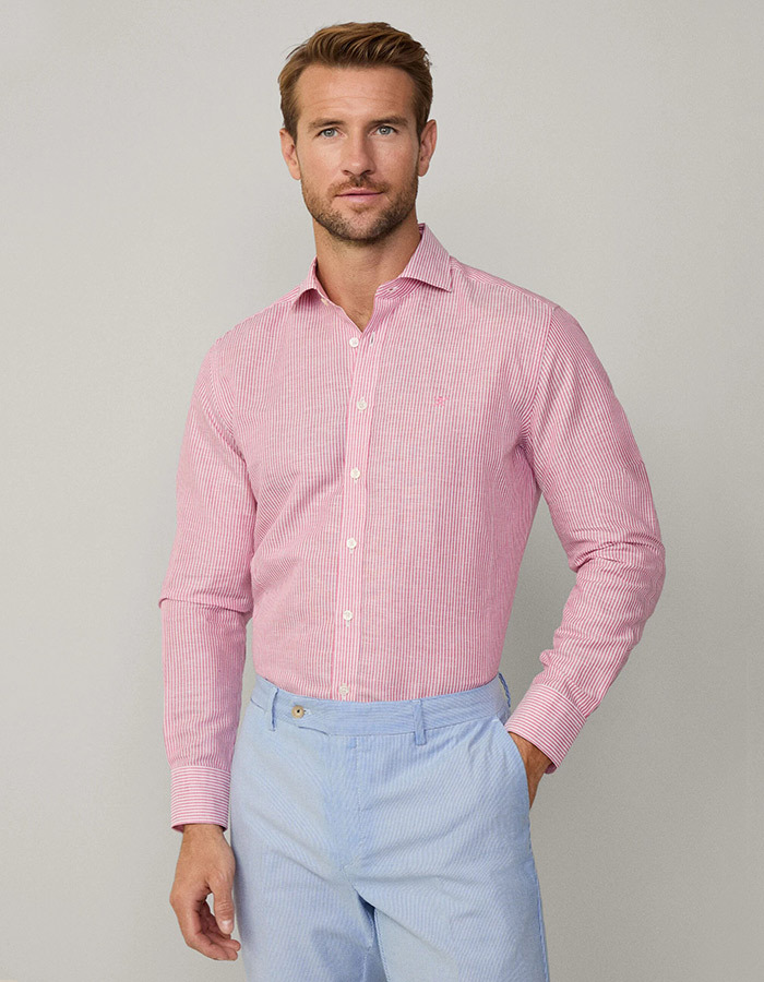 Tailored fit linnen Bengal-streep overhemd – hibiscus pink