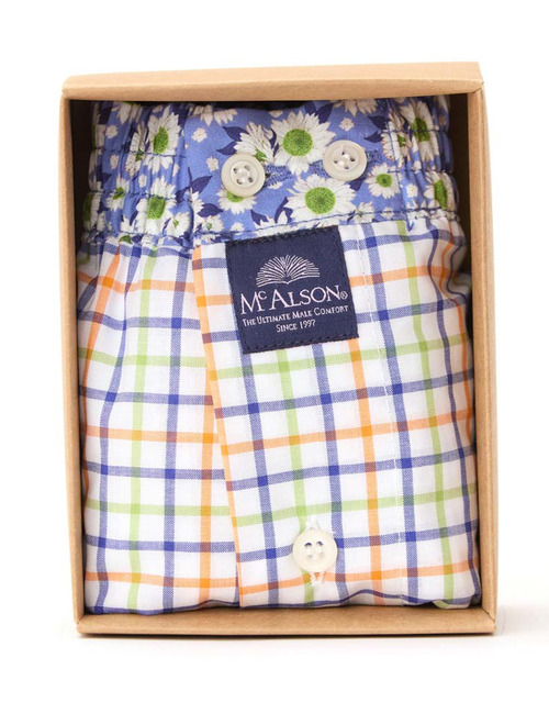  McAlson boxershort met blauw-wit ruitpatroon en bloemenprint