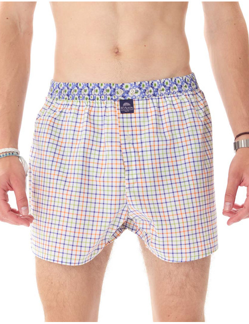  McAlson boxershort met blauw-wit ruitpatroon en bloemenprint