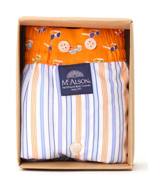 McAlson boxershort met oranje-blauw gestreept patroon en zonnebrillenprint