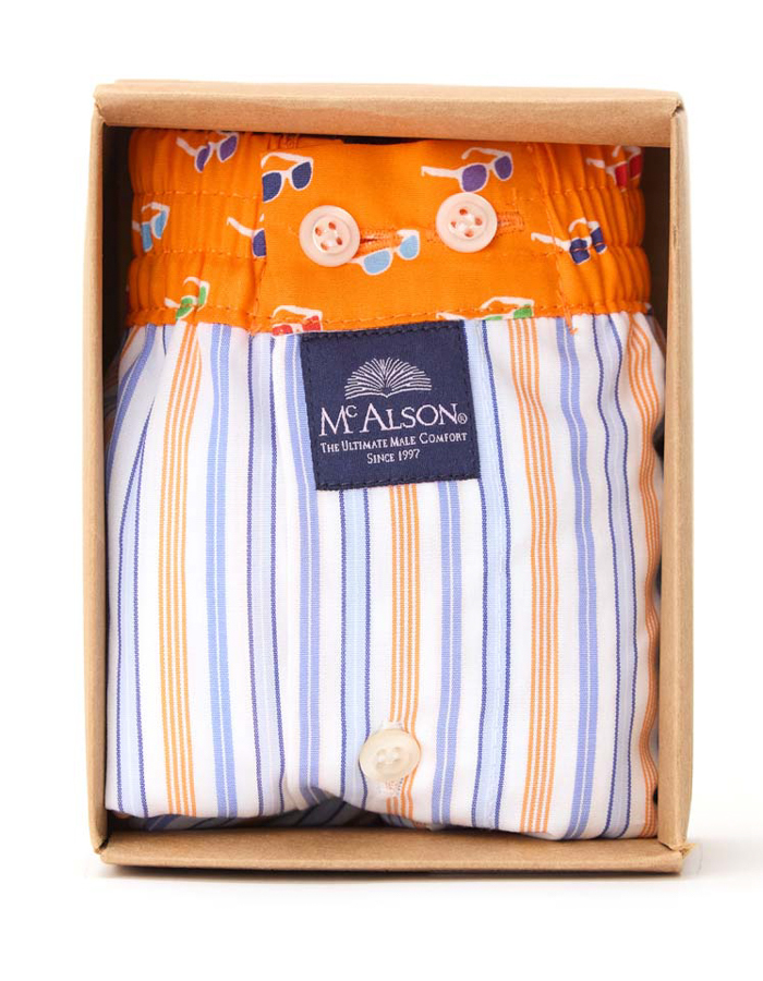 McAlson boxershort met oranje-blauw gestreept patroon en zonnebrillenprint