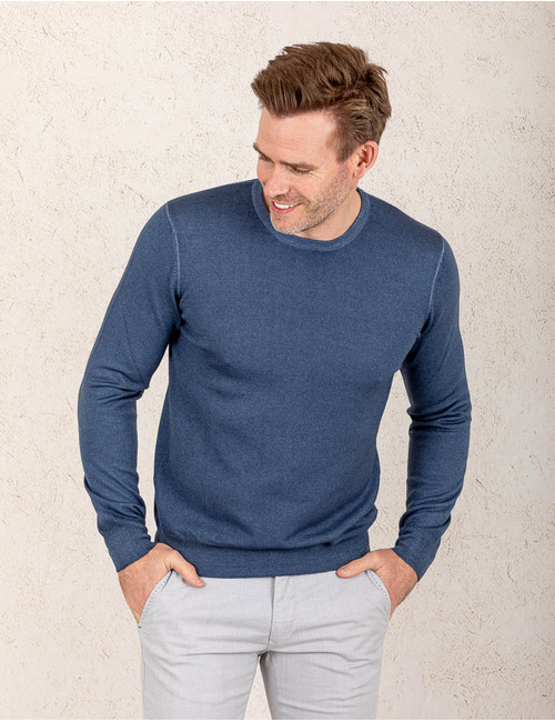 Blauwe trui van merinowol met ronde hals  