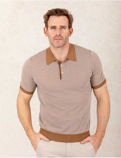 Gebreide polo van Italian Fresh Cotton in bruintinten  