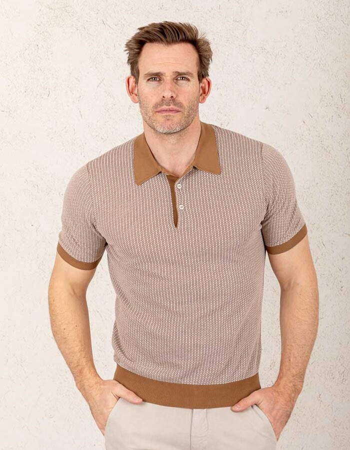 Gebreide polo van Italian Fresh Cotton in bruintinten  