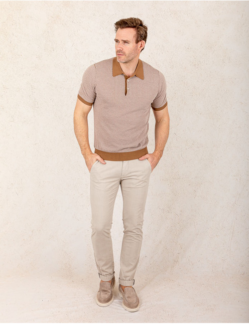 Gebreide polo van Italian Fresh Cotton in bruintinten  