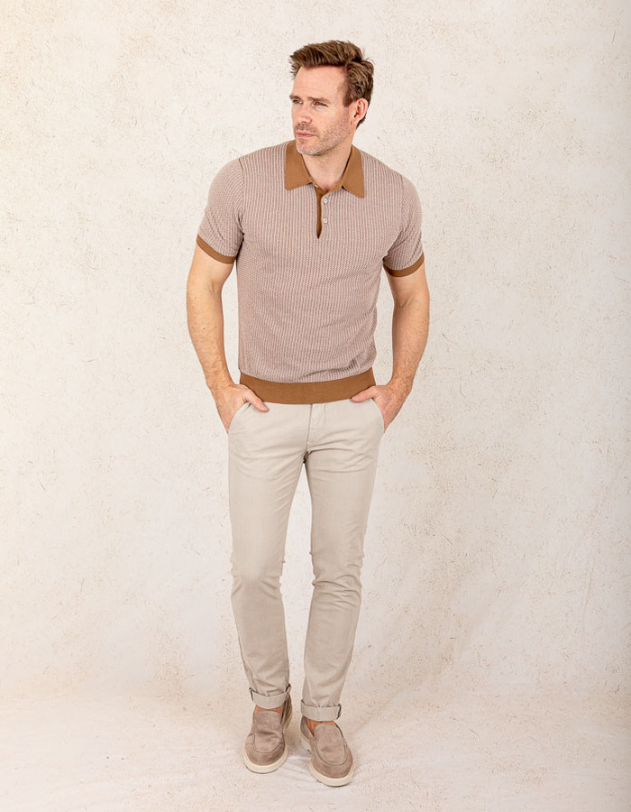 Gebreide polo van Italian Fresh Cotton in bruintinten  