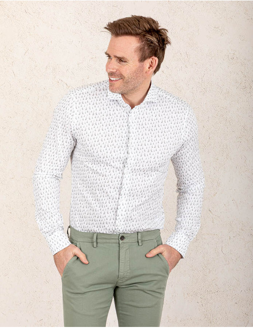 Slim Fit Katoenen Overhemd met Fijn Patroon – Wit met Groen Accent  