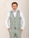 Slim Fit Linnen Gilet – Saliegroen met Ton-sur-Ton Ruit  