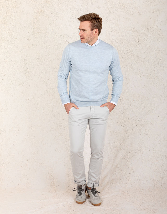 Lichtblauwe Merino Wol Crew Neck Trui met Elleboogpatches  