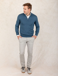 Blauwe merinowollen trui met halve rits 
