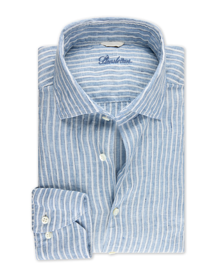 Slimline Blauw Gestreept Linnen Overhemd  