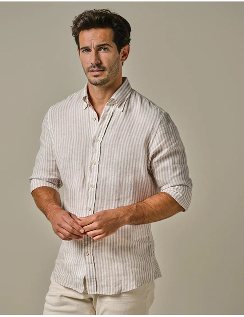 Beige Gestreept Linnen Overhemd – Slim Fit  