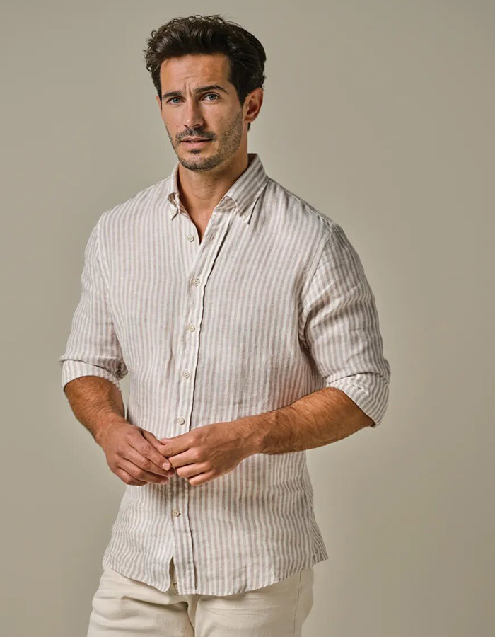 Beige Gestreept Linnen Overhemd – Slim Fit  