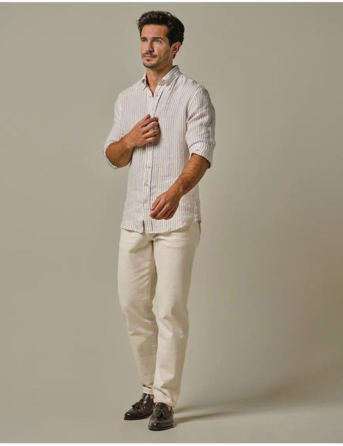 Beige Gestreept Linnen Overhemd – Slim Fit  