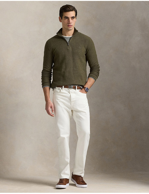 Mesh-gebreide katoenen quarter-zip trui