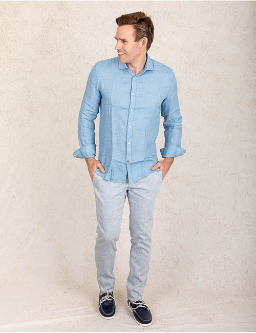 Slim fit linnen hemd in lichtblauw