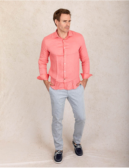 Slim fit linnen hemd in Coral Reef