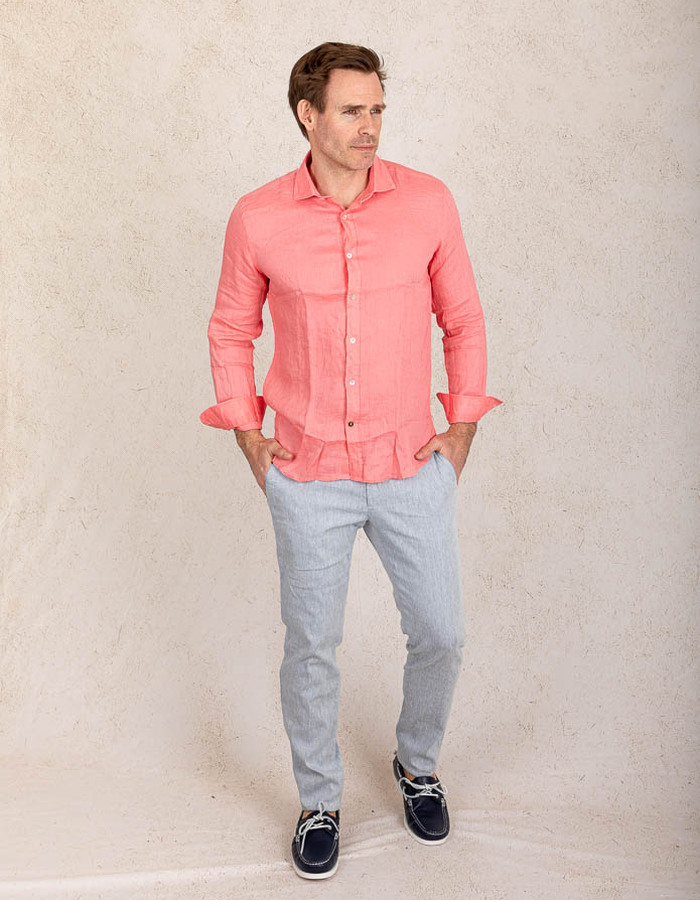 Slim fit linnen hemd in Coral Reef