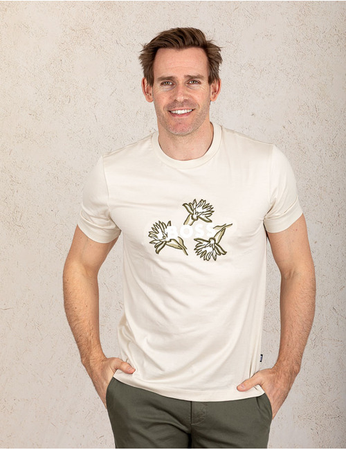  Ecru T-shirt van katoen met bloemendessin en BOSS-logo