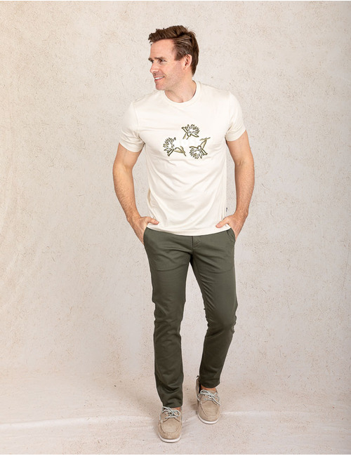  Ecru T-shirt van katoen met bloemendessin en BOSS-logo