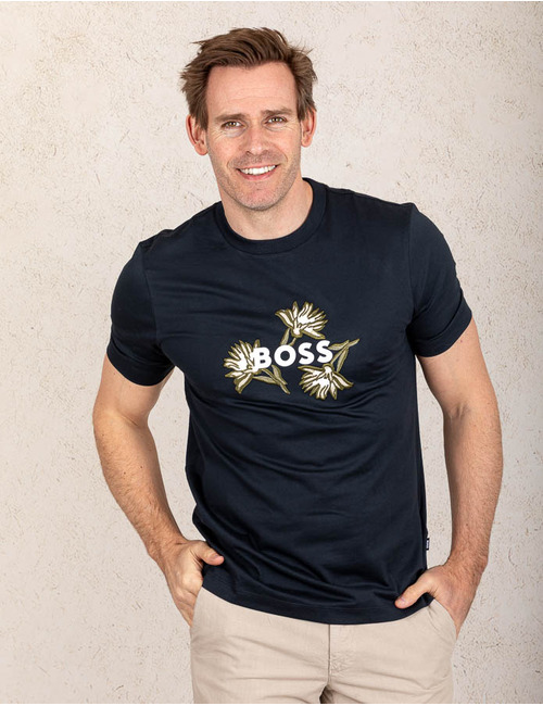 Donkerblauw T-shirt van katoen met bloemendessin en BOSS-logo