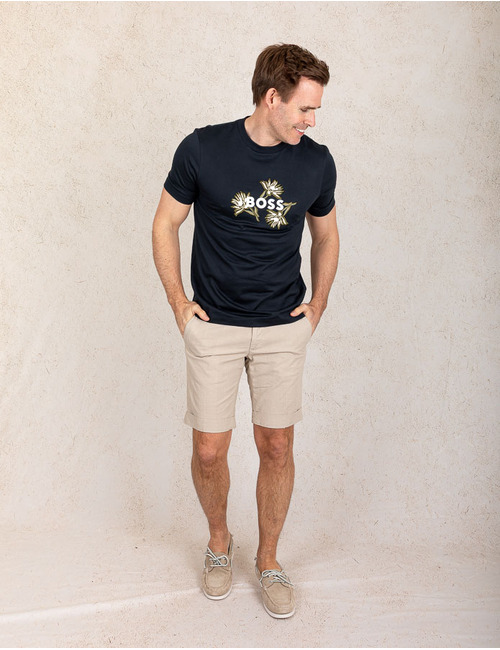 Donkerblauw T-shirt van katoen met bloemendessin en BOSS-logo