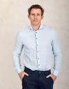 Slim fit lichtblauw linnen hemd met ruitpatroon
