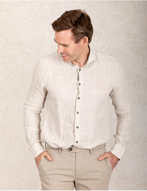Slim fit beige linnen hemd met ruitpatroon