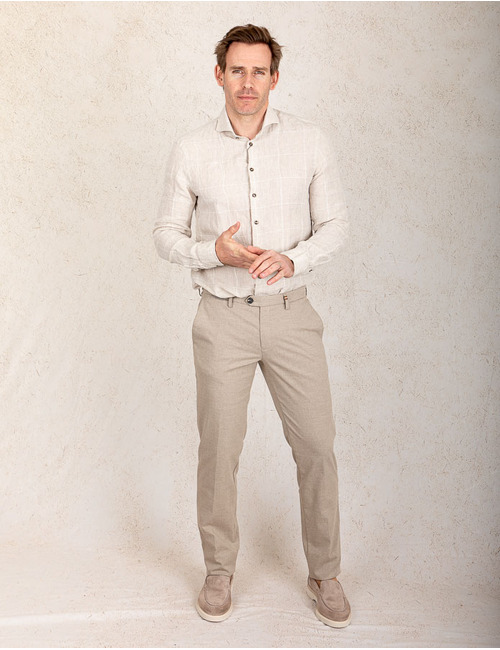 Slim fit beige linnen hemd met ruitpatroon