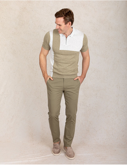 Slim fit gebreide polo met ritssluiting – zand en lichtgrijs