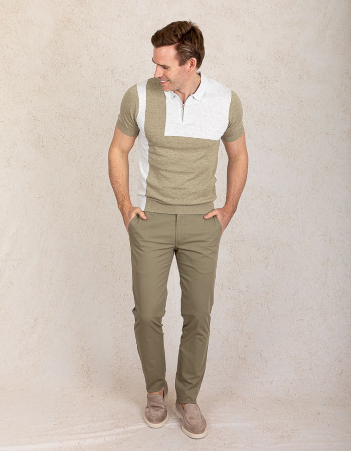 Slim fit gebreide polo met ritssluiting – zand en lichtgrijs