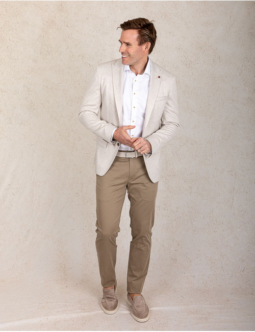 Slim fit jersey blazer in beige met visgraatstructuur 