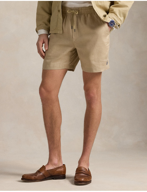  Linnen short met 6 inch lengte en trekkoord – coastal beige
