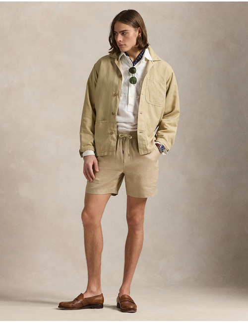  Linnen short met 6 inch lengte en trekkoord – coastal beige