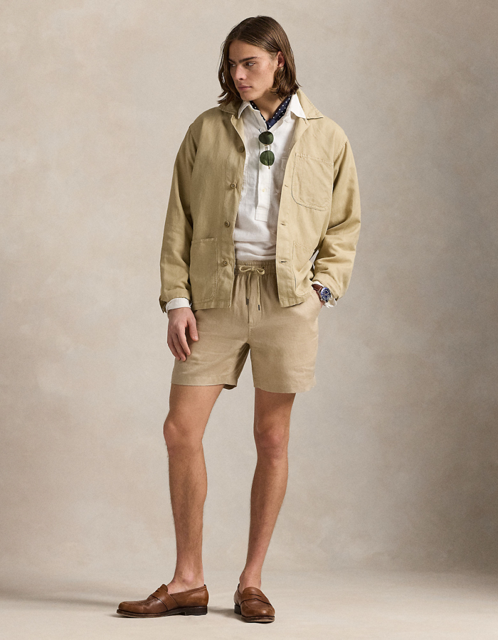  Linnen short met 6 inch lengte en trekkoord – coastal beige