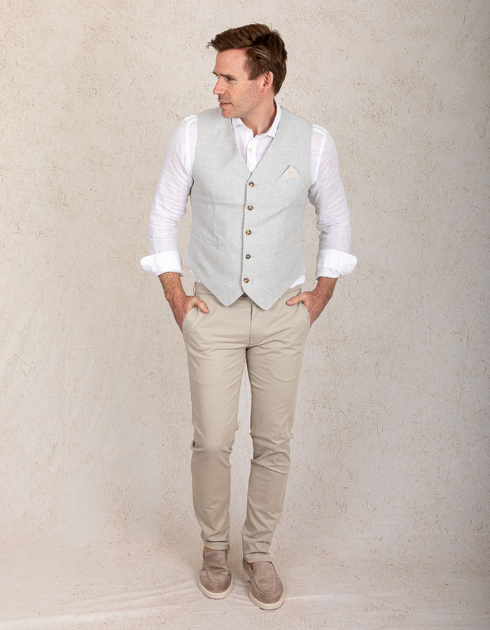 Slim fit gilet in linnenmix met visgraatstructuur in grijs-beige tint