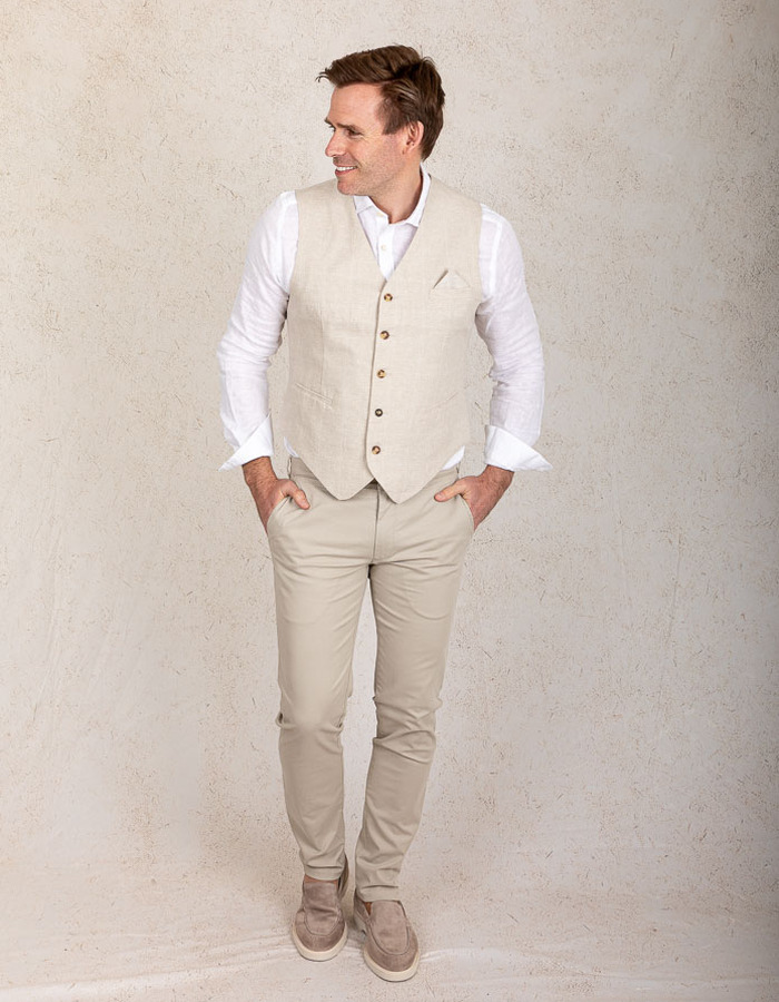 Slim fit gilet in linnenmix met toon-op-toon ruitdessin in beige