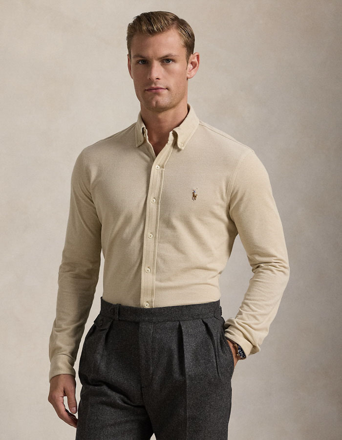 Beige knit oxford overhemd 