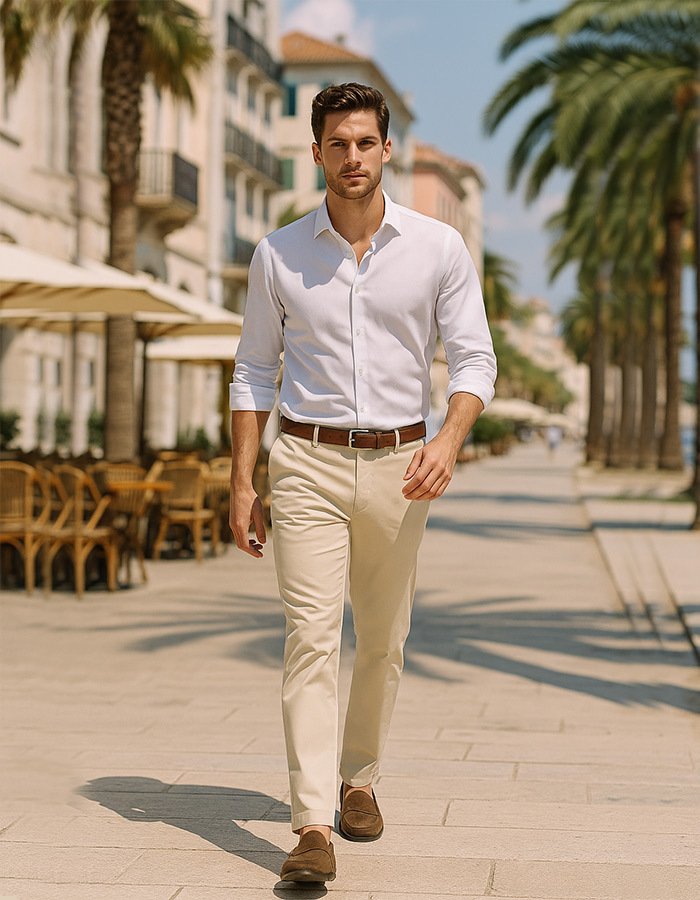 Beige modern fit katoenen chino