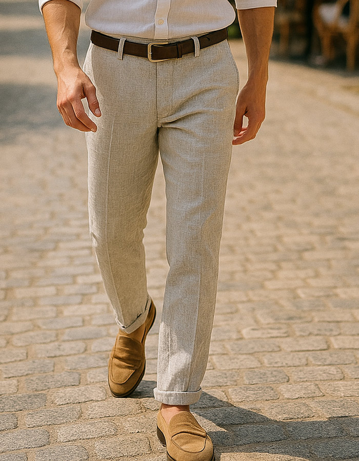 Grijs-beige modern fit linnen chino