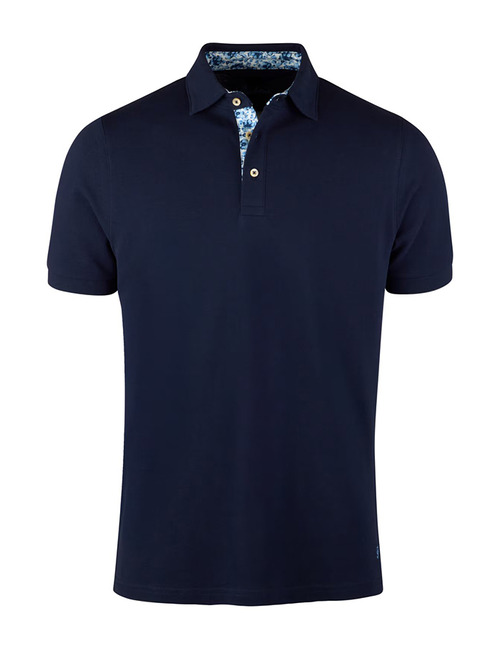 Donkerblauwe piqué polo met contrasterende kraag en parelmoer knopen